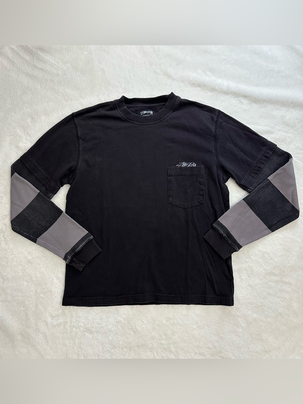 Stussy Double Sleeve Layered Pocket Long Sleeve Shirt Black Grey Size Small